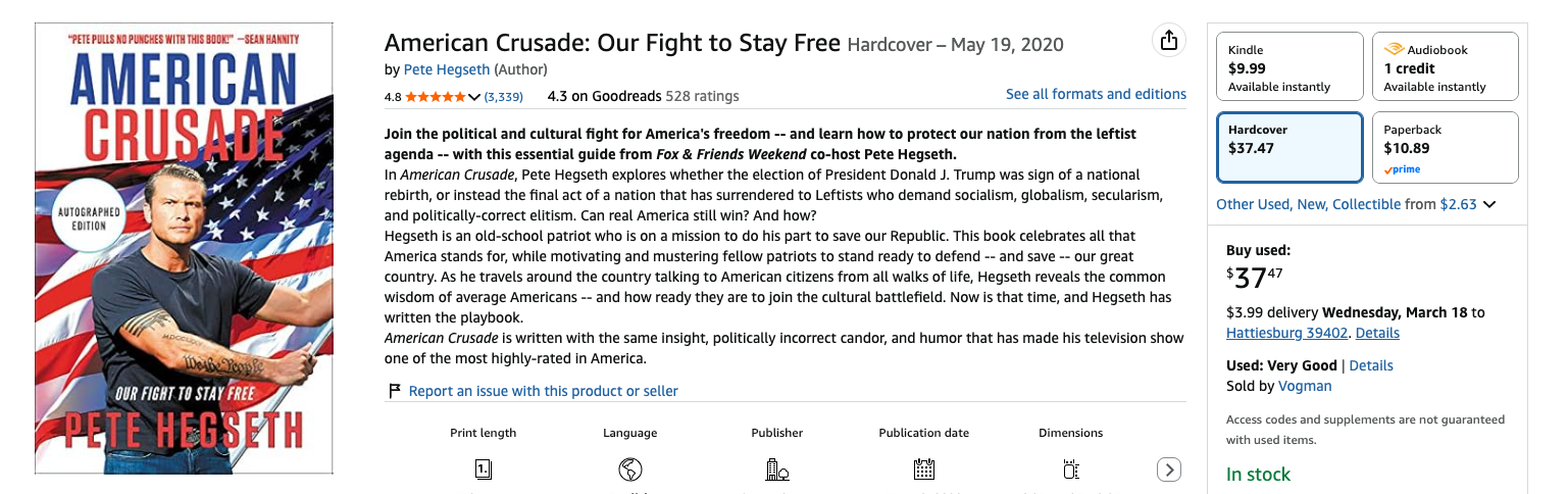Pete Hegseth's book "American Crusade: Our Fight to Stay Free" on
Amazon